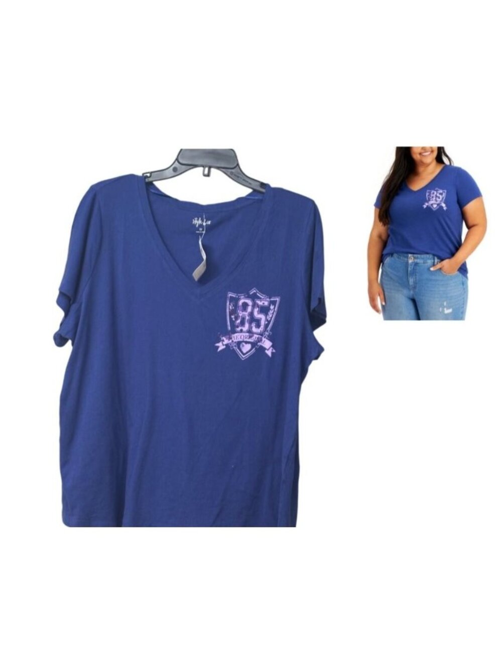 Style & Co Womens Plus Size Cotton Graphic-Print Top Navy Size 1X